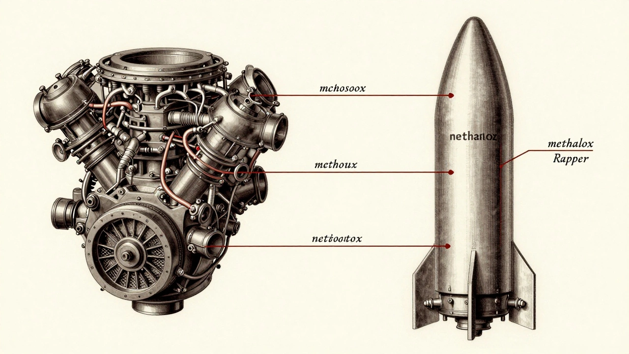 Technical diagram comparing soot-covered kerosene engine with clean methalox engine internals.