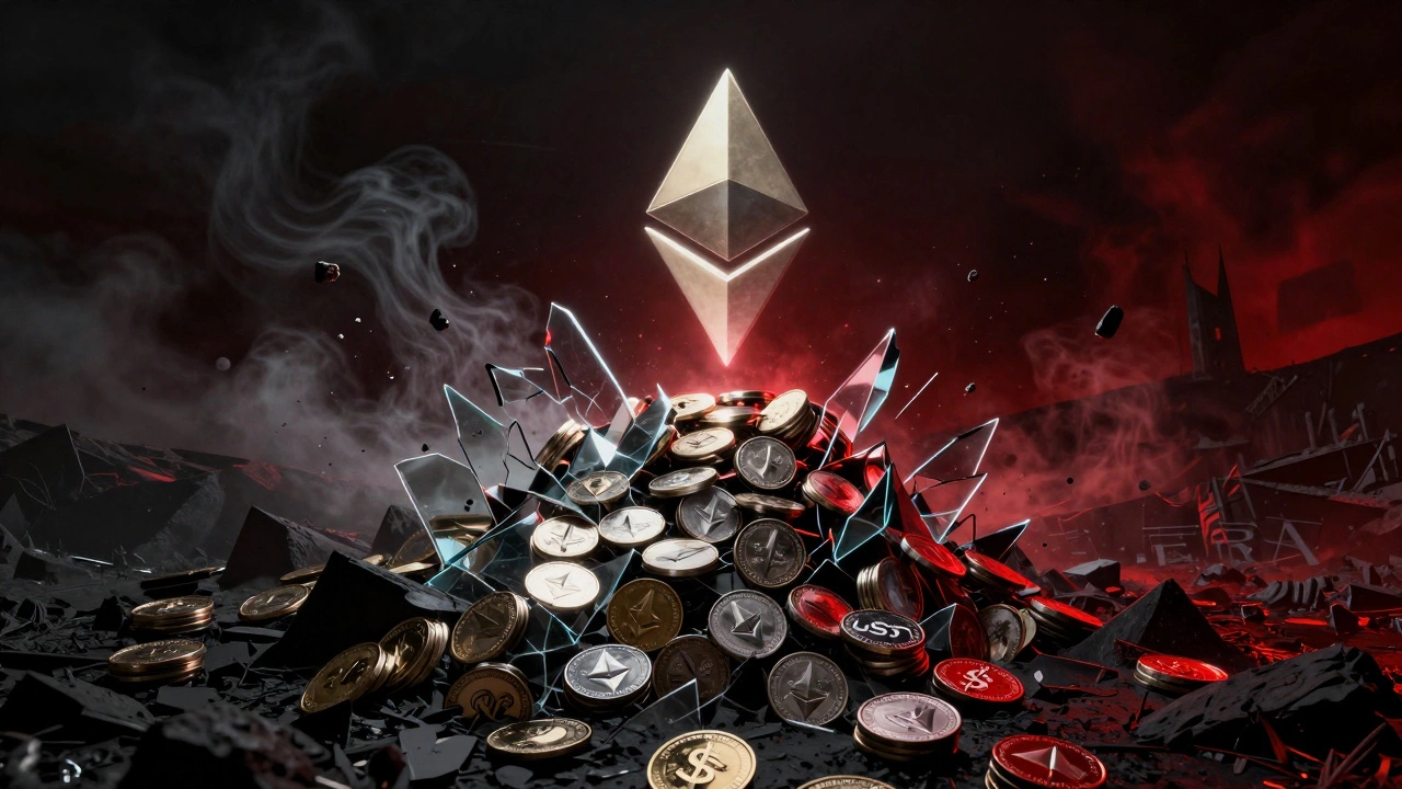 Terra UST and LUNA tokens collapsing in a chaotic explosion of infinite supply.