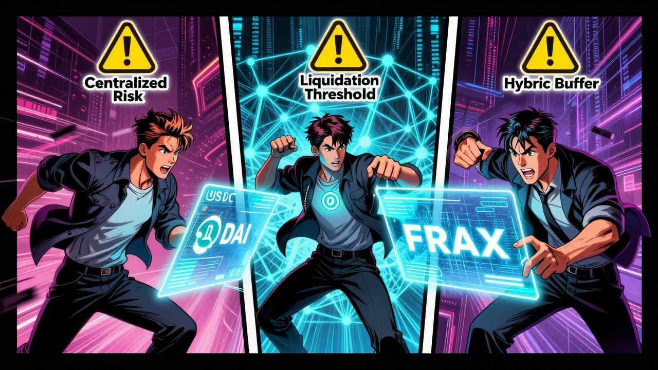 Trader choosing between USDC, DAI, and FRAX with risk icons floating above each.