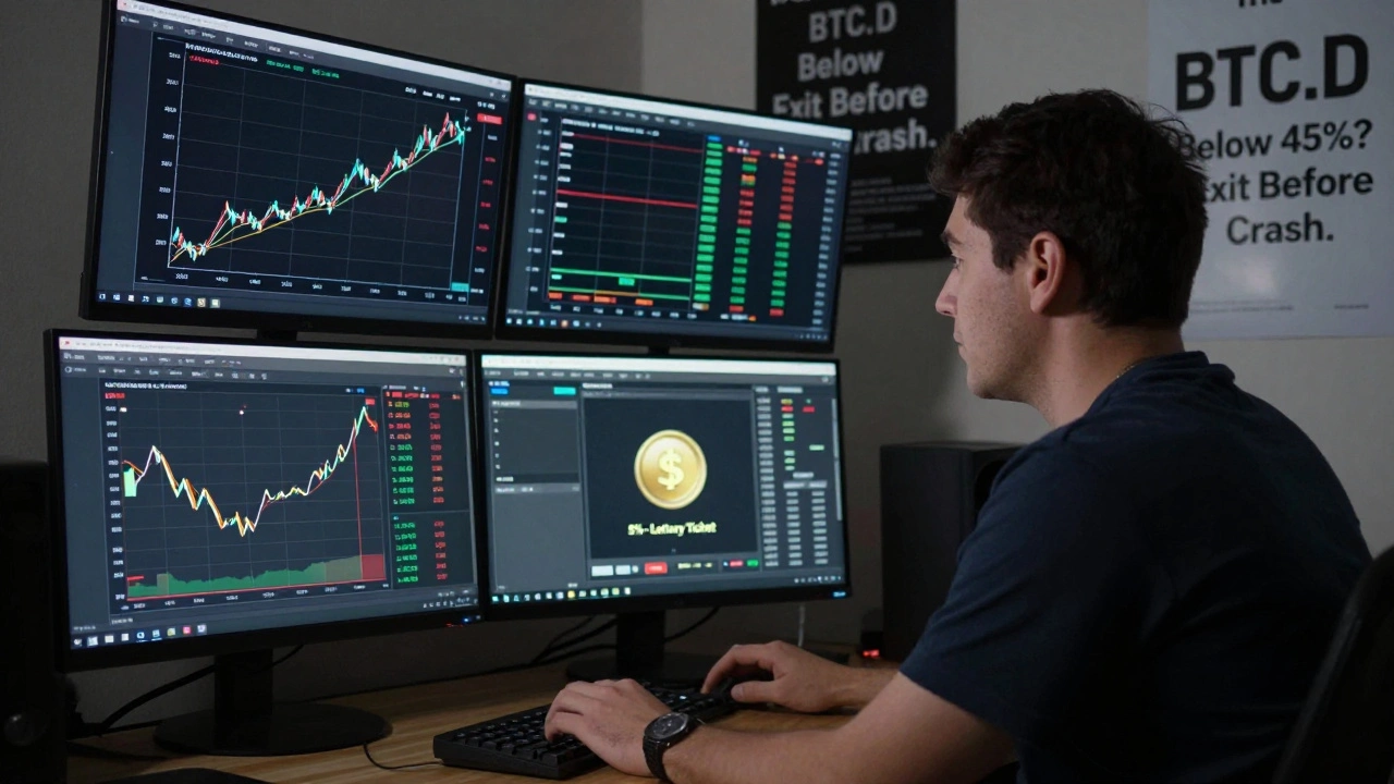 Trader watching crypto charts with trailing stop activated, one screen showing AI token surge, meme coin labeled &#039;5% - Lottery Ticket&#039;.