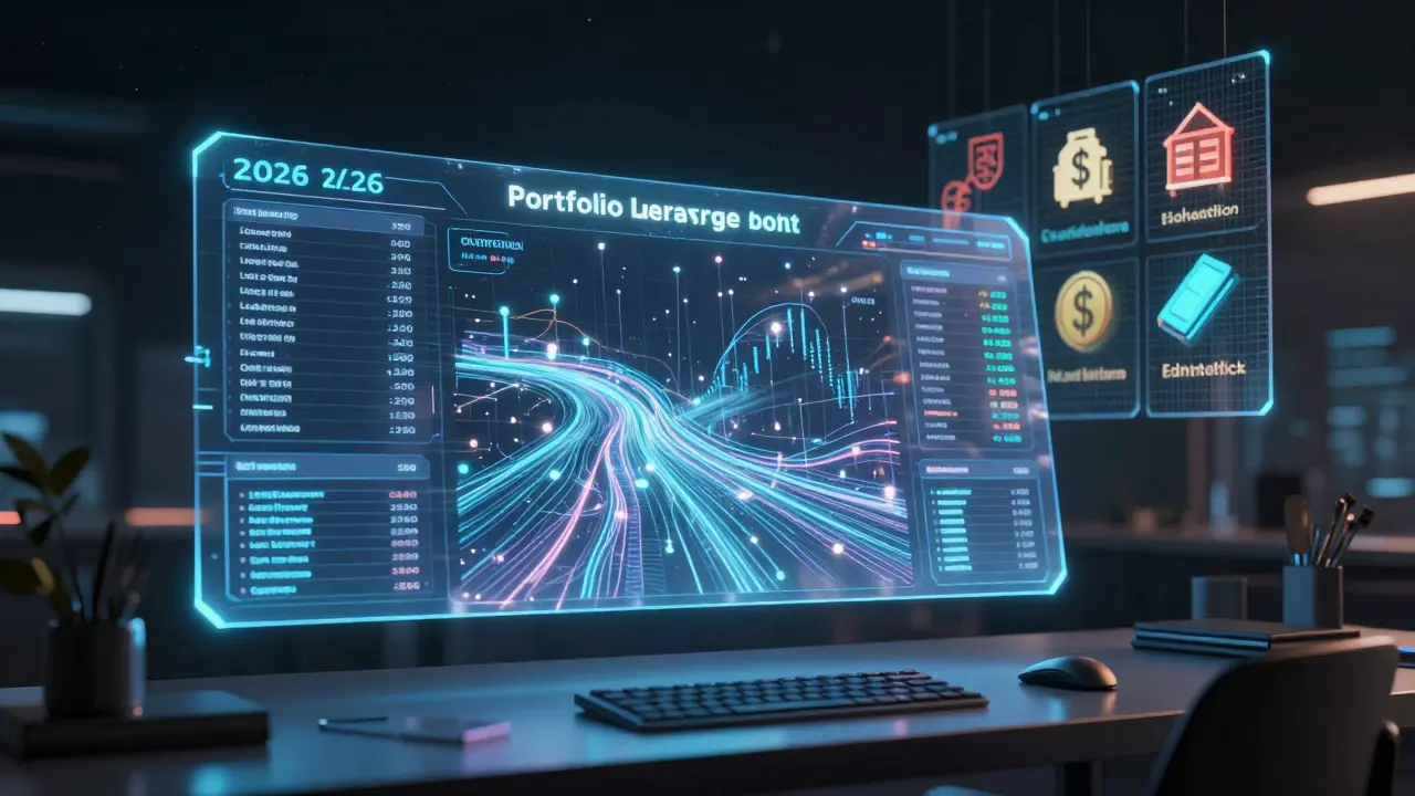 A holographic AI dashboard auto-rebalancing crypto assets with flowing algorithms and tokenized real-world assets in the background.