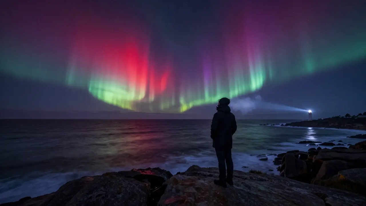 A person watching the aurora australis glow crimson and violet over the ocean in Tasmania.