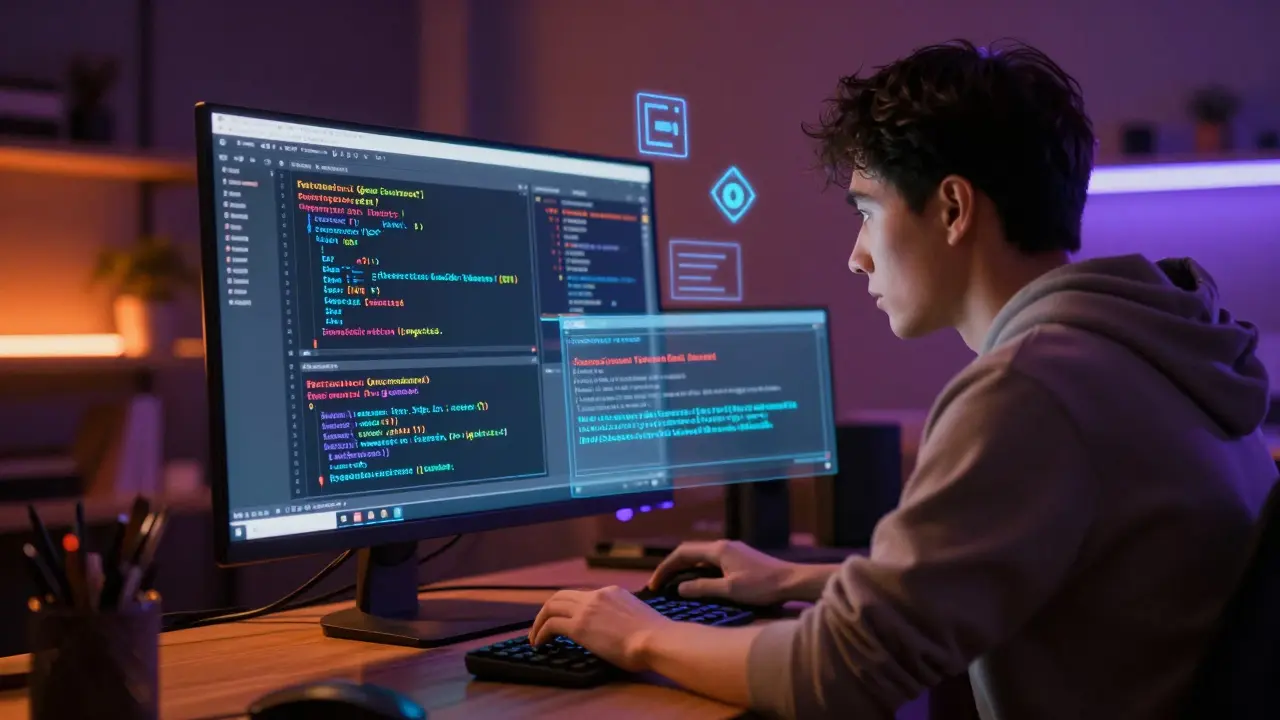 A programmer debugging a smart contract on a holographic screen with gas costs and security warnings.