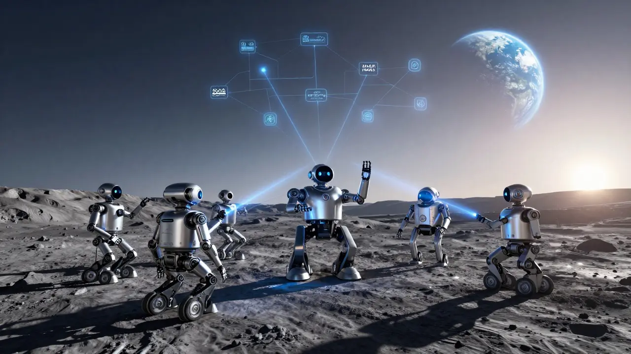 A swarm of international lunar robots using laser beams to share data at dawn, with Earth visible in the sky above.