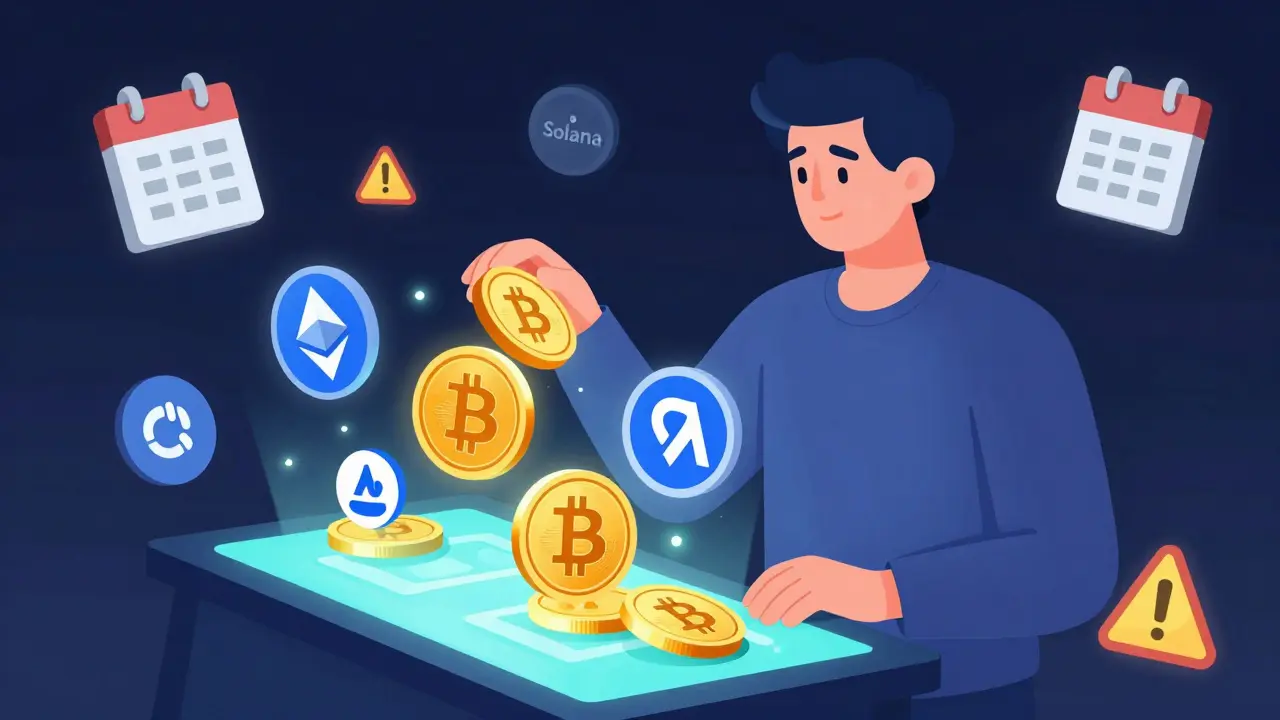 An investor rebalancing a crypto portfolio using a glowing control panel, adjusting token allocations with calm precision.