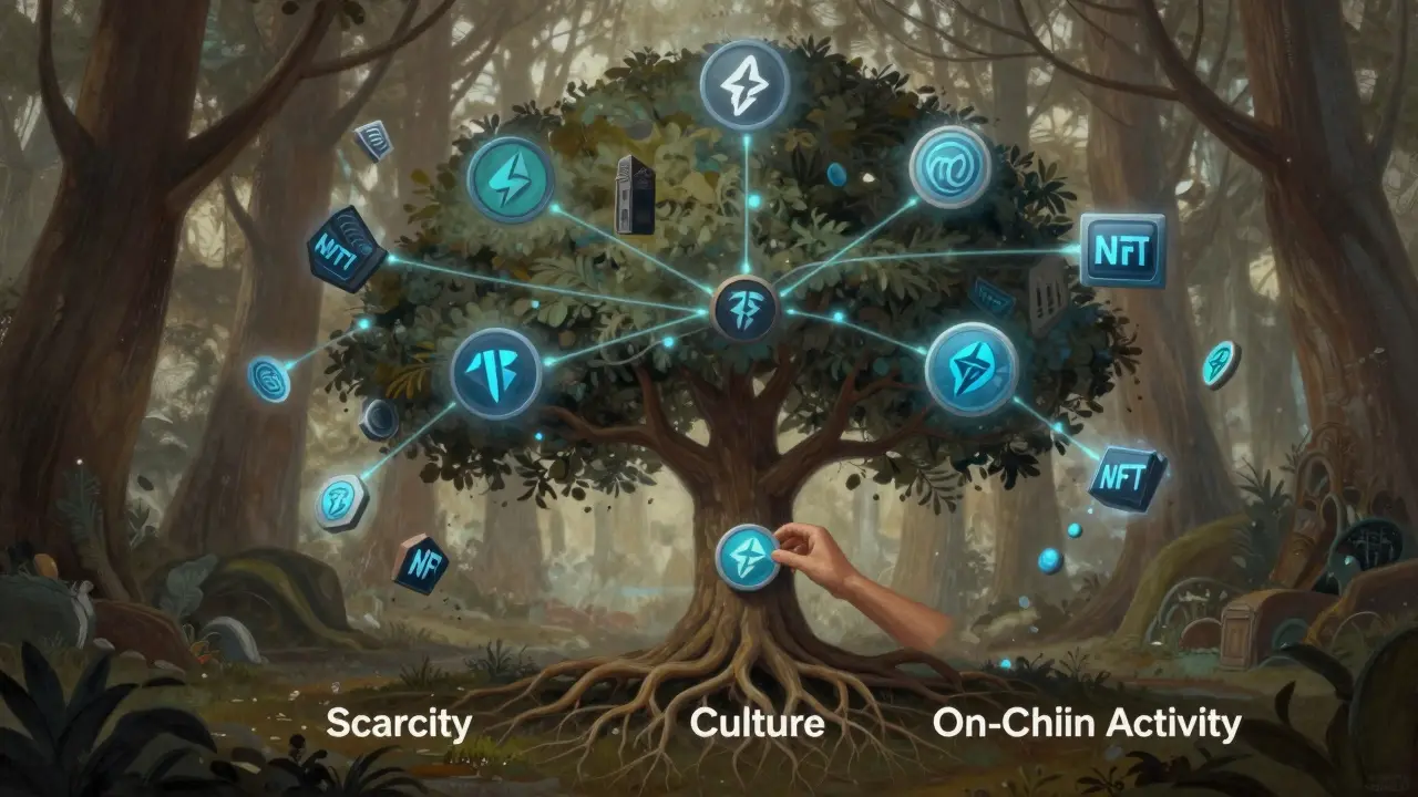 An NFT ecosystem as a blockchain tree with roots in scarcity, culture, and activity, connected to digital assets.