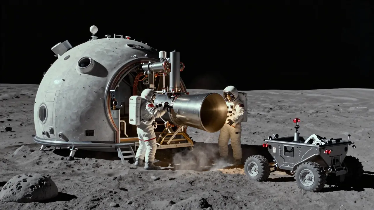 Astronauts printing a rocket nozzle on the Moon at a lunar base under Earthrise, with a rover nearby.