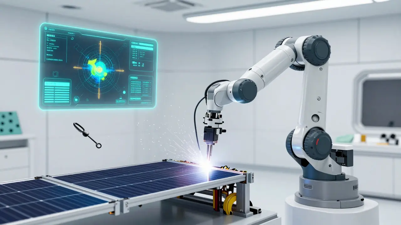 Autonomous robot repairing a solar panel frame with ultrasonic welding in orbit.