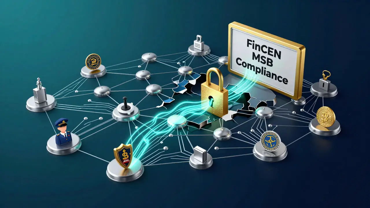 Blockchain network morphing into a rigid regulatory structure with legal badges and state license seals.