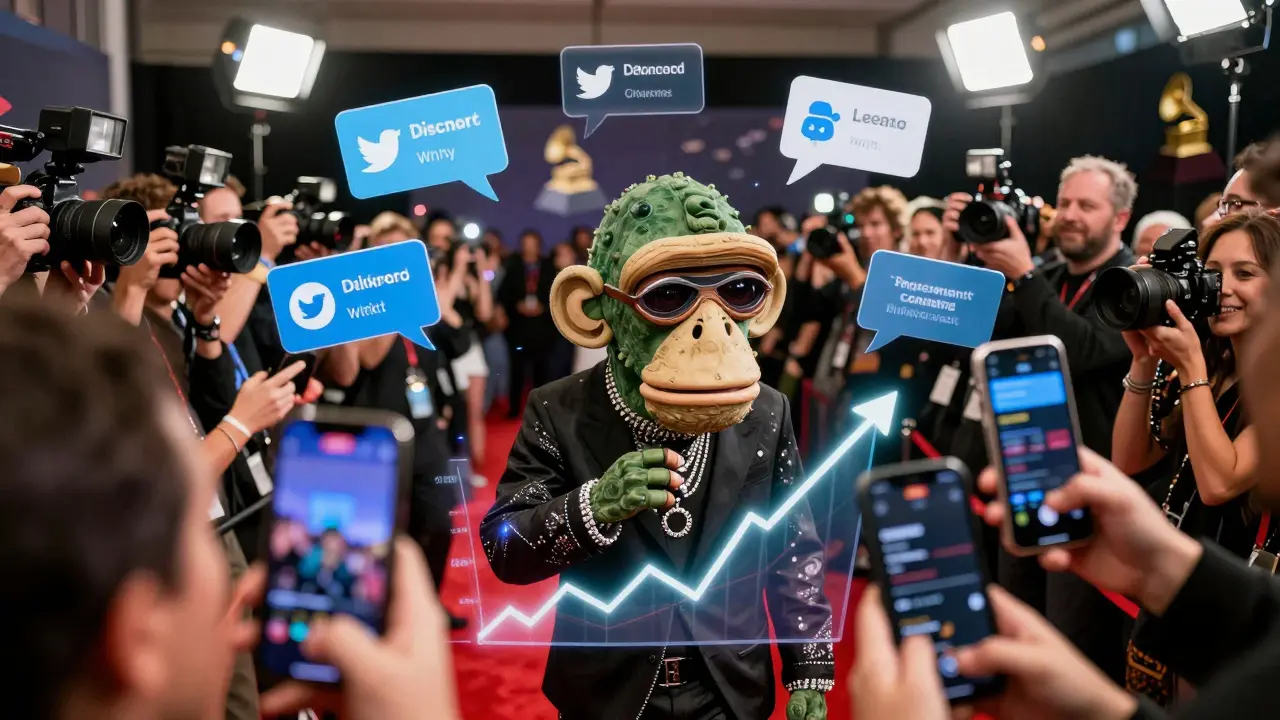Celebrity wearing a Bored Ape NFT on red carpet as social media notifications and price graphs surge around them.