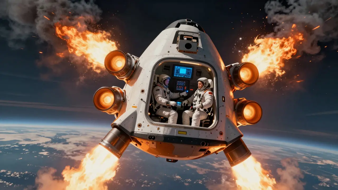 Crew Dragon capsule launching away from a flaming rocket during an abort test, astronauts visible inside.