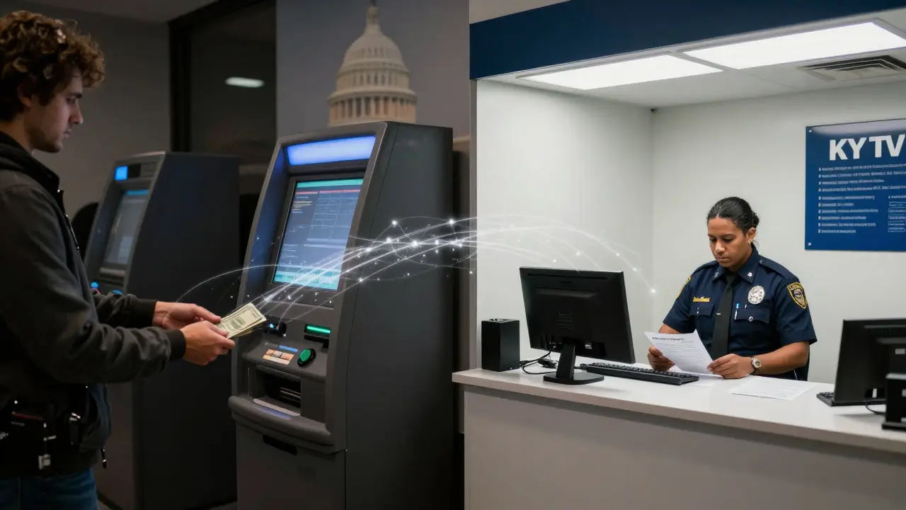 Crypto ATM transforming from chaotic cash exchange to a compliant compliance center with officer reviewing documents.