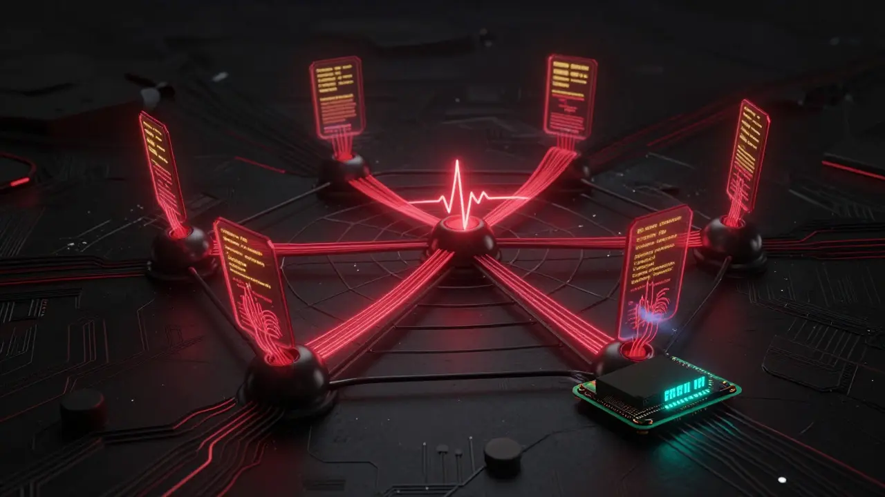 Digital mesh network of nodes with heartbeat pulses, one Raspberry Pi showing high CPU usage during epoch transition.