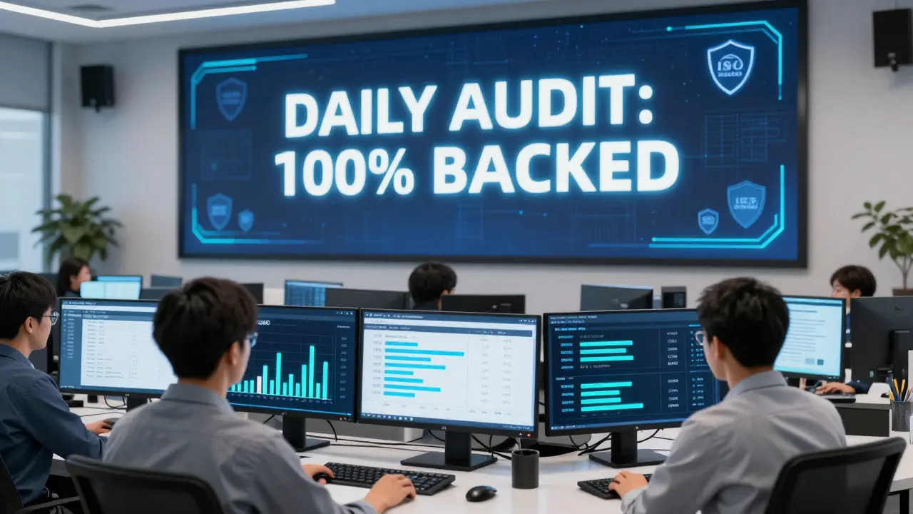 Financial analysts monitoring live daily audits of regulated stablecoin reserves in a high-tech control room.