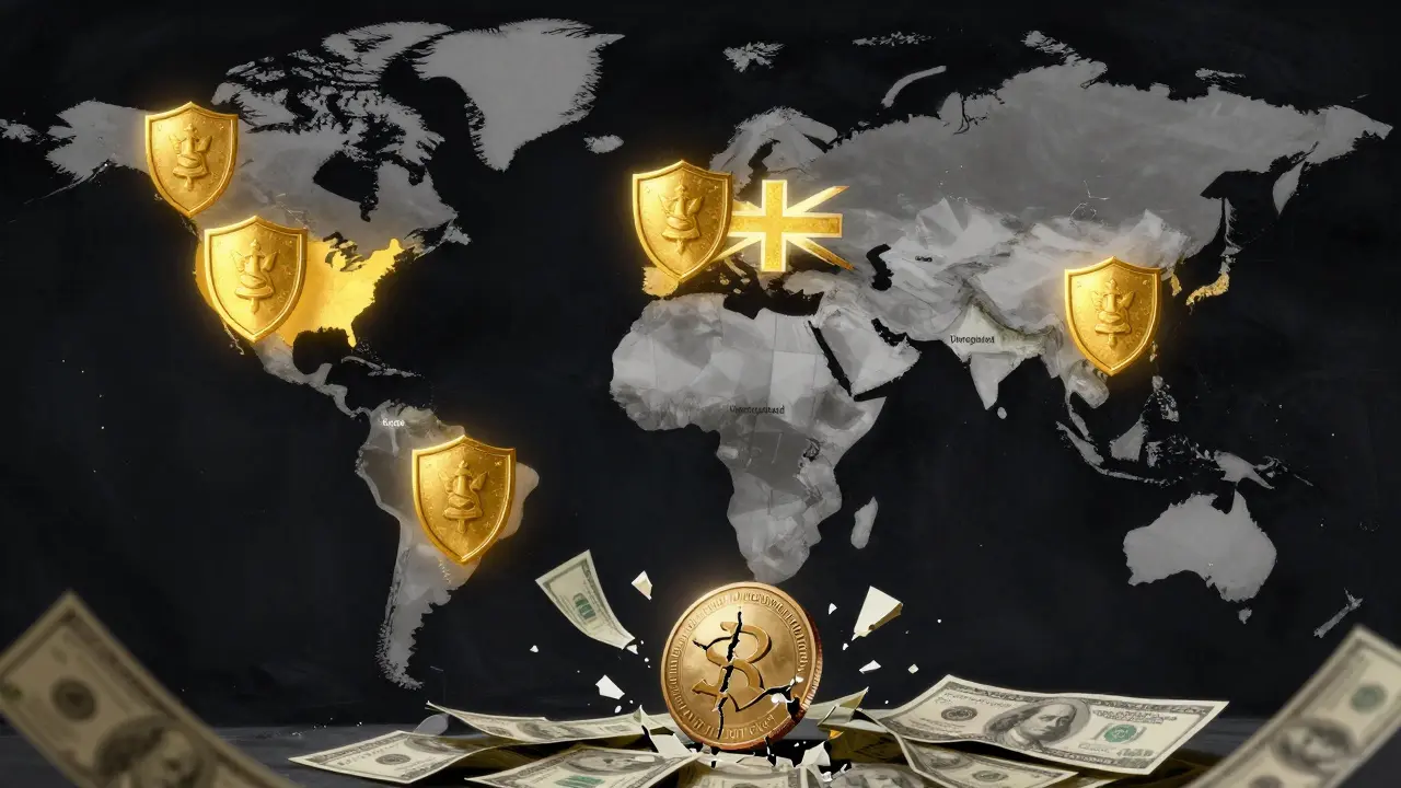 Global map showing regulated stablecoin zones in gold and unregulated areas in gray, with a broken TerraUSD coin at bottom.