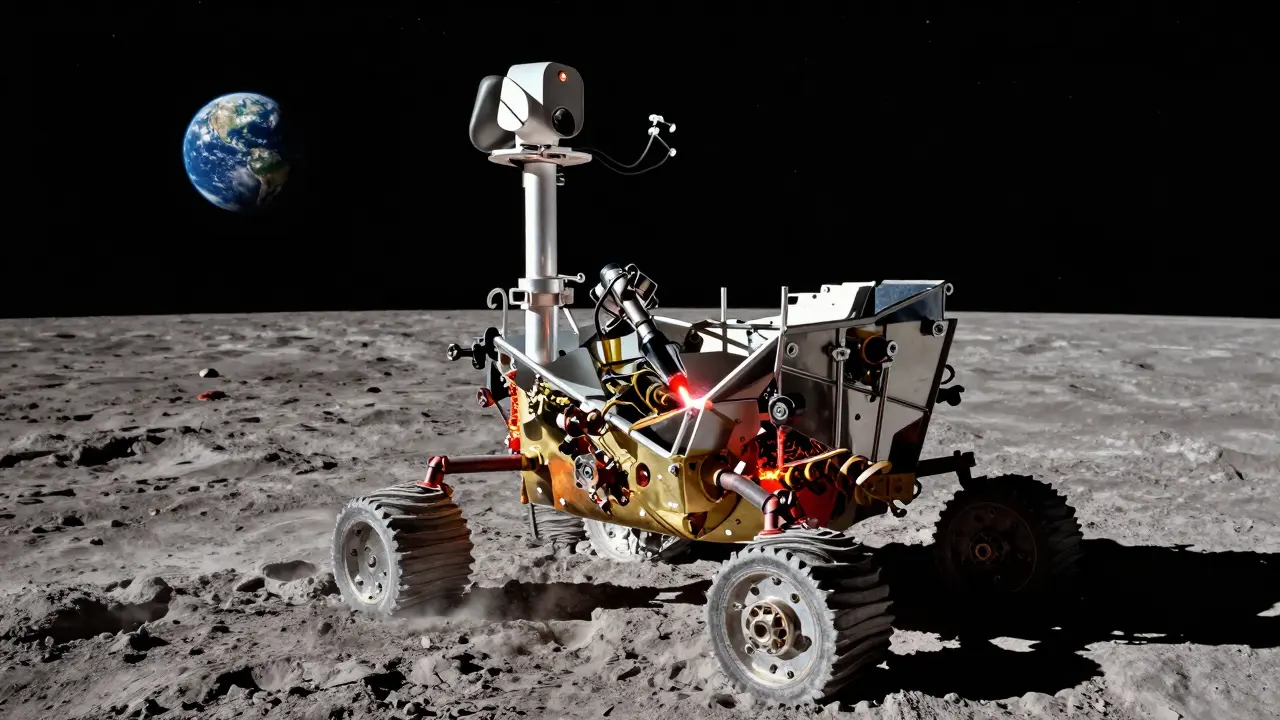 Lunar rover welding aluminum beams into a radiation shield on the Moon's surface.
