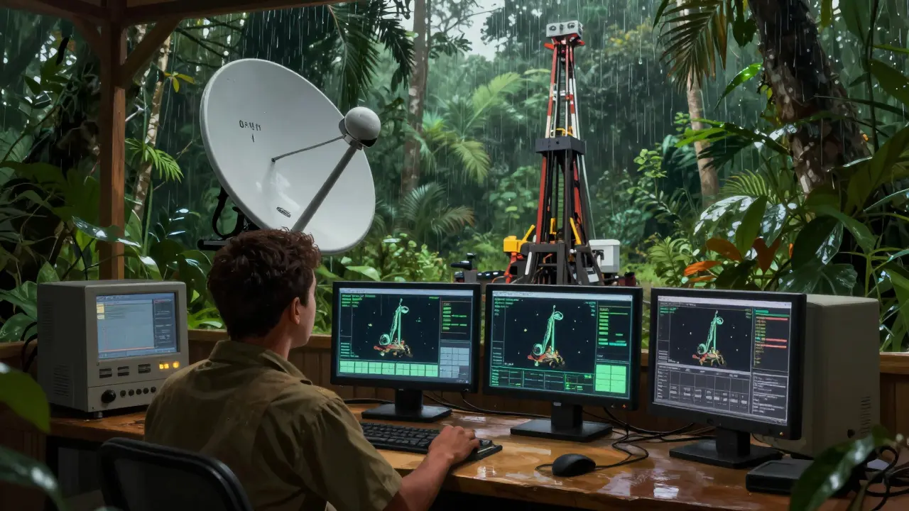 Mining camp technicians monitoring SCADA systems with VSAT dish visible outside in jungle