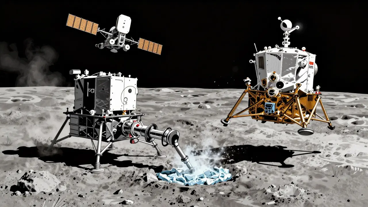 NASA and Chinese lunar probes work together at the Moon's south pole, extracting and analyzing ice.