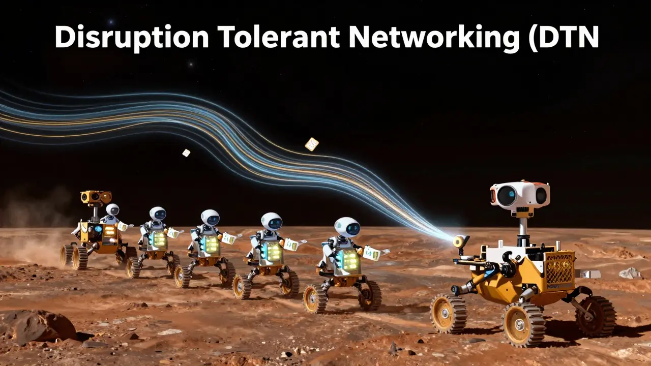 Robots passing stored data packets across a communication chain during a solar blackout, with glowing storage units and abstract data streams.