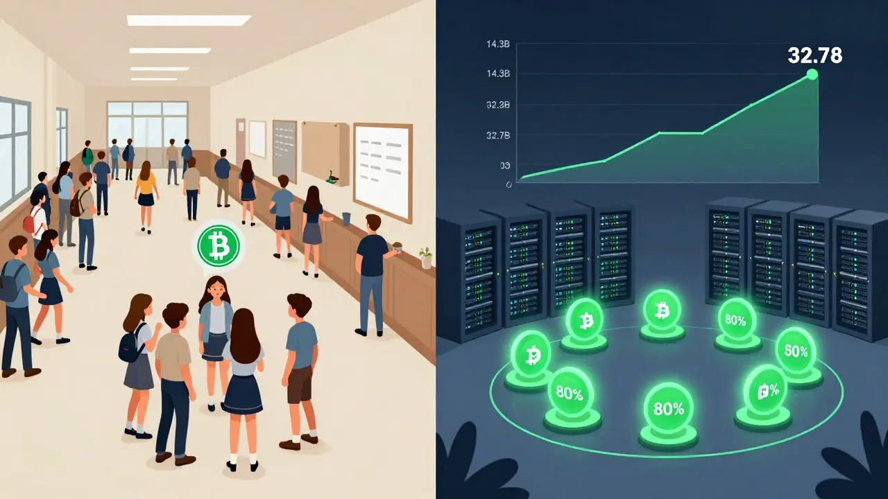 Split-screen: Bitcoin transaction spreading like a school rumor vs. enterprise nodes in quorum circle with rising market graph.