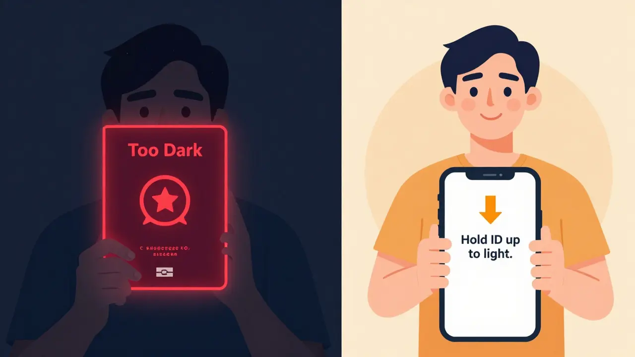Split screen: left shows failed KYC with dark lighting, right shows successful verification with clear app guidance.