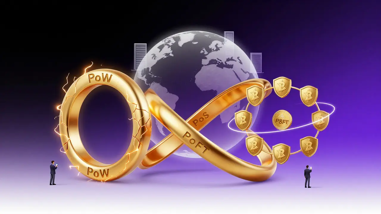 Three symbolic golden rings representing PoW, PoS, and PBFT consensus mechanisms, with a globe showing enterprise and user participation.