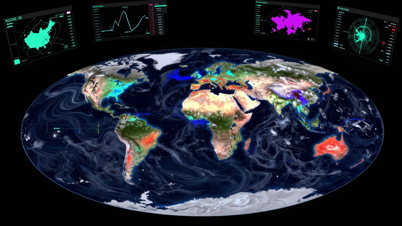 A 3D climate simulation showing atmospheric circulation and wavelength-dependent albedo data streams over a planetary surface.
