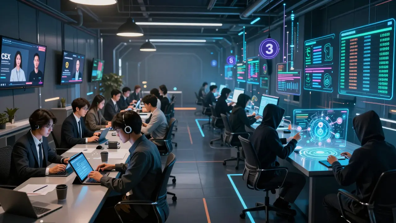 A futuristic trading scene showing users on a centralized exchange versus decentralized traders interacting with holographic blockchain interfaces.