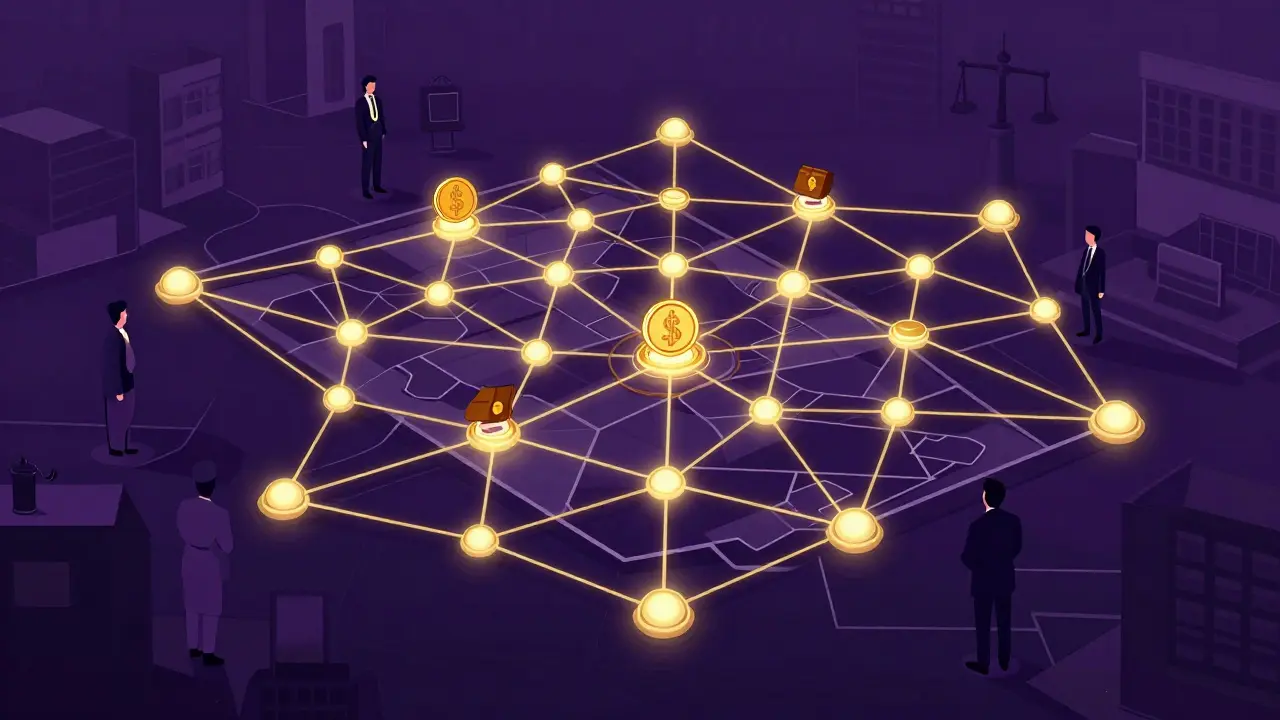 A glowing blockchain network surrounding a land parcel as ownership transfers digitally between two parties.