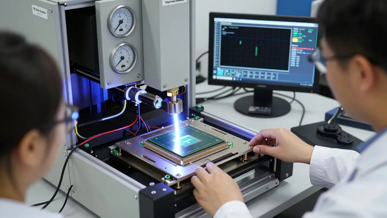 A microchip under test in a particle accelerator lab, struck by a beam of high-energy ions while engineers monitor results.