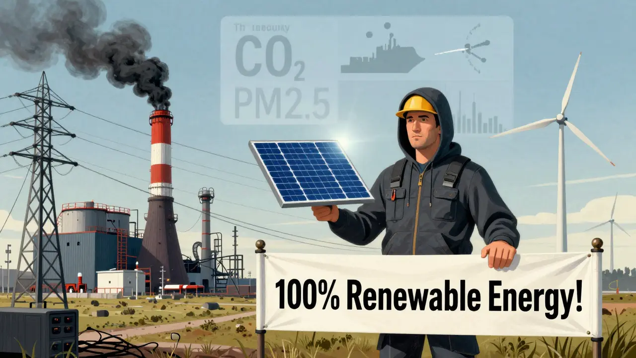 A miner holding a '100% Renewable' banner while behind them, power lines connect to coal and gas plants, with pollution data floating above the scene.