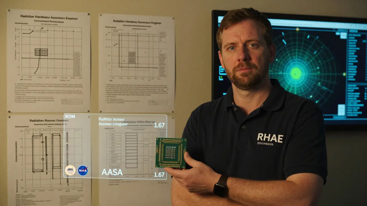 A radiation assurance engineer reviewing test data with a certified commercial chip, showing radiation safety margins.