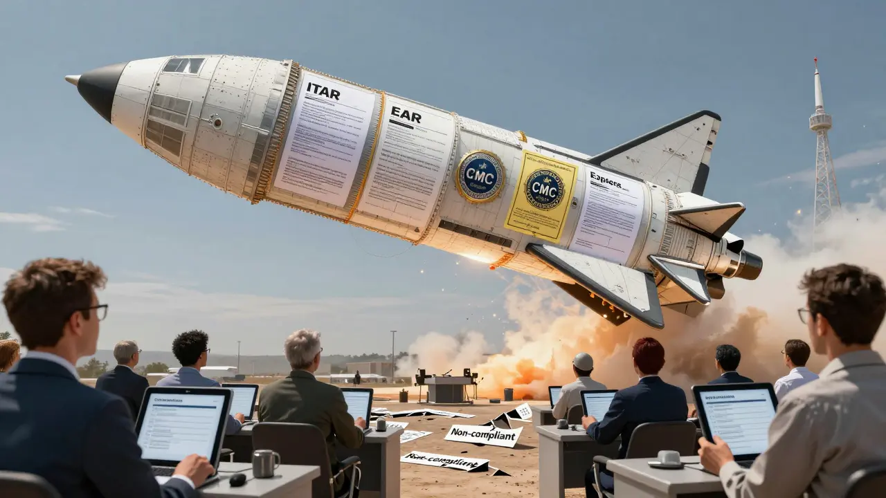 A rocket composed of export control documents launching into space, symbolizing compliance as the path to global collaboration.