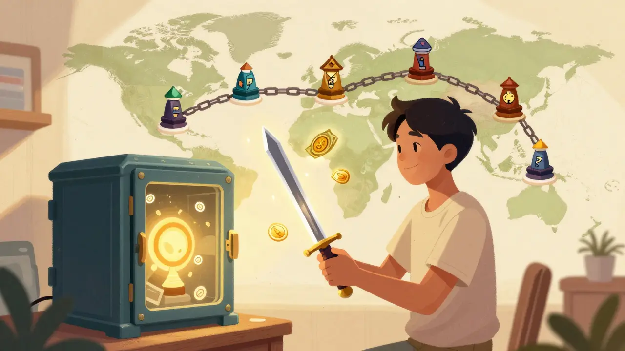 A scholar receiving an NFT from a guild vault while earnings appear as floating tokens.