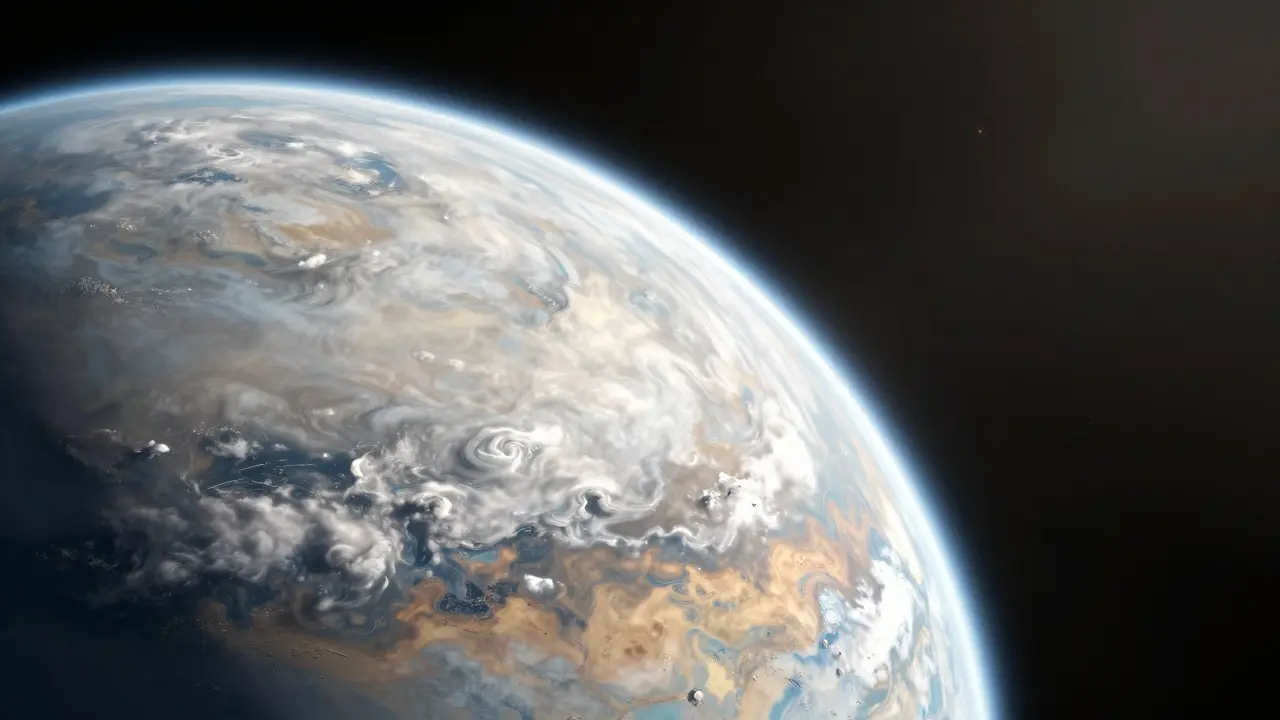 A tidally locked planet with bright dayside clouds and dark nightside, viewed from space with phase curve glow.