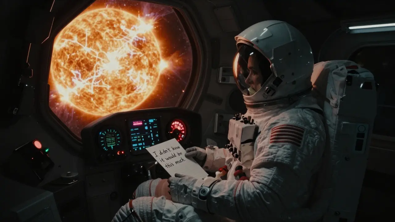 An astronaut in a spacecraft cockpit, staring at a handwritten note as a solar flare blazes outside the window.