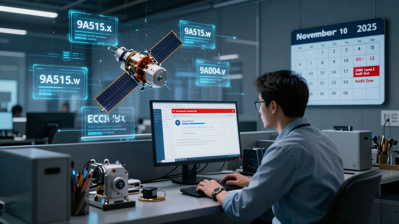 An engineer reviewing ECCN classifications and compliance alerts for satellite components in a high-tech workspace.