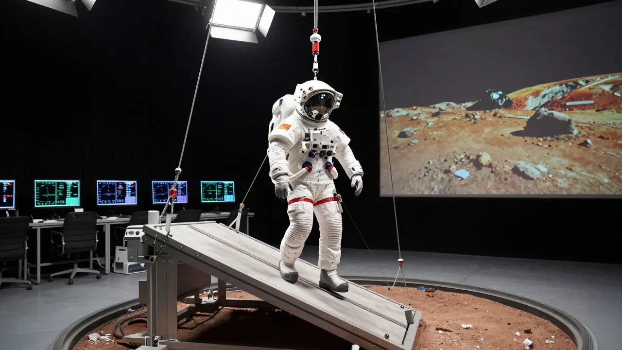 Astronaut training on a gravity-simulating platform using cables and sensors, with Mars landscape projected behind.