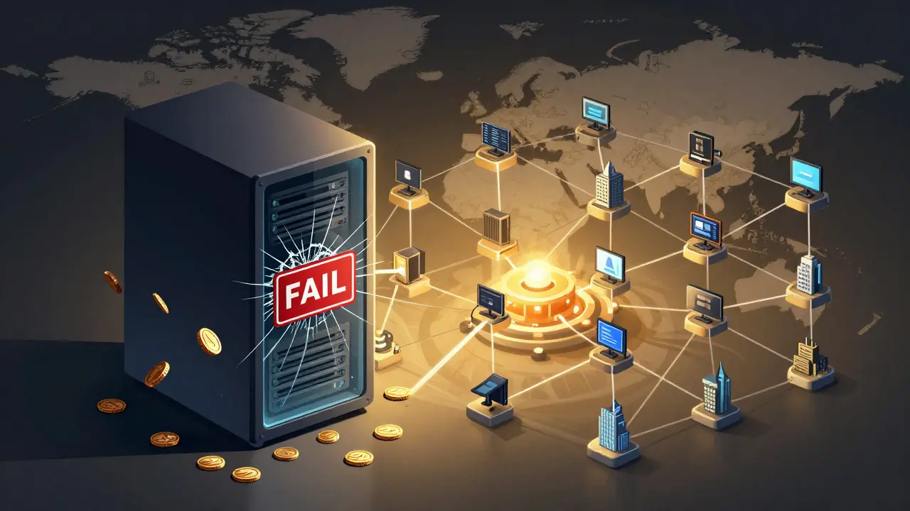 Centralized server failure contrasted with a global network of secure oracle nodes