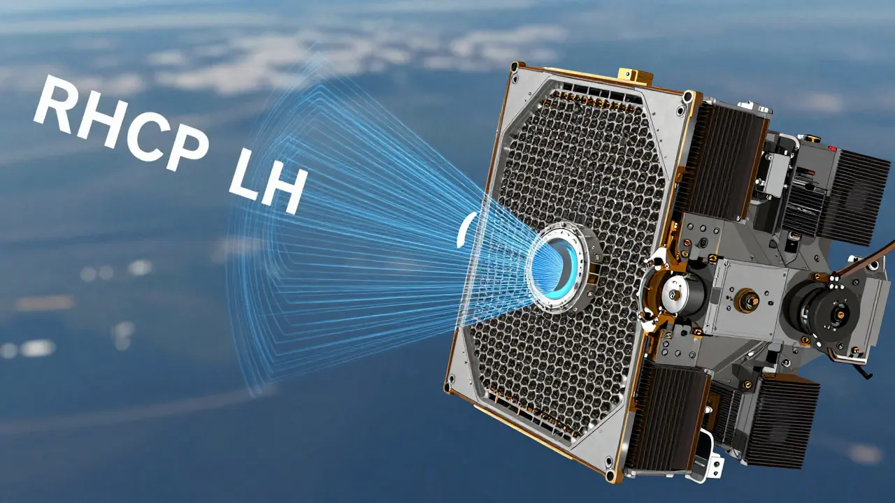 Cross-section of a satellite antenna with hundreds of beam-forming elements and polarized signals.
