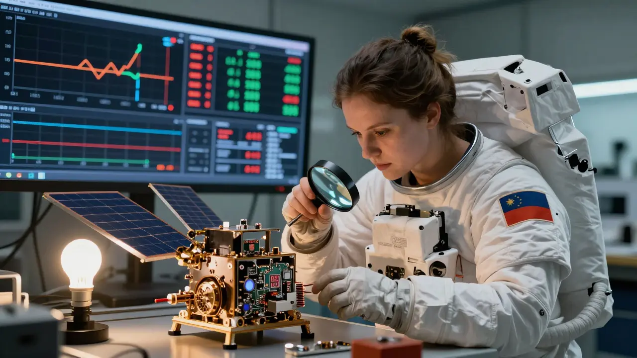 Engineer examining a small satellite in cleanroom with digital power and mass dashboards in background.