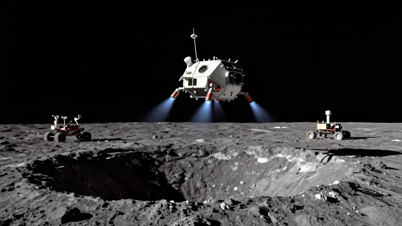 Lunar hopper mid-jump over a dark crater, collecting ice samples with Earthlight in background.