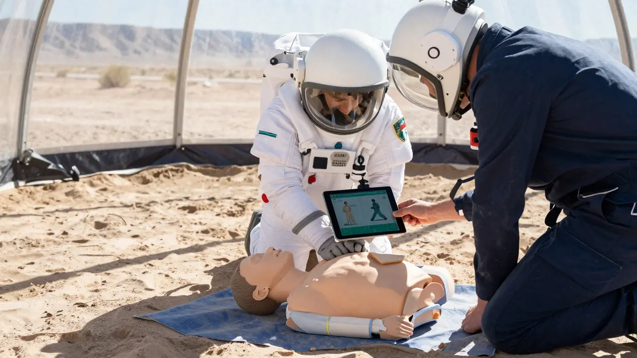 Non-medical crew member performing CPR under AI instructions in a desert simulation lab, sand and dome visible in background.