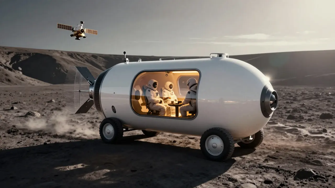 Pressurized lunar vehicle with glowing cabin near a shadowed crater, dust shields active.