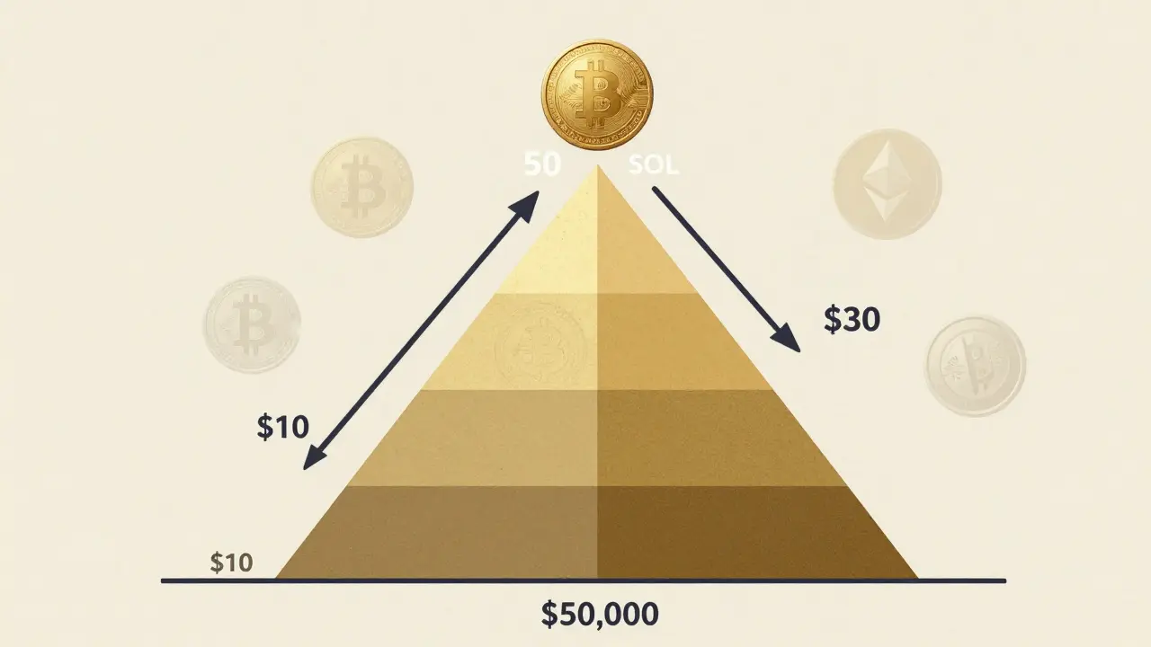 Pyramid diagram showing portfolio allocation with 50 Solana units and risk-reward arrows.