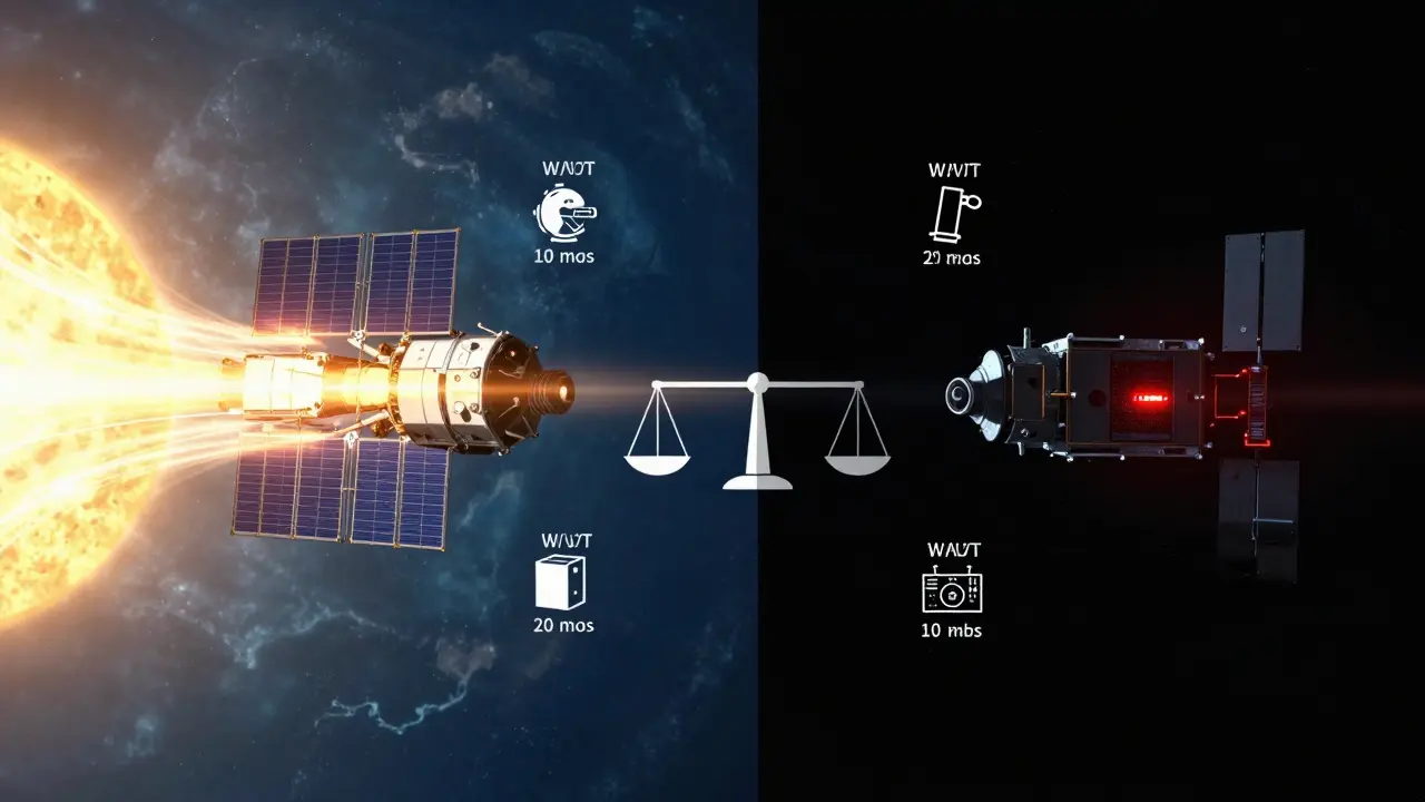 Satellite in orbit split between sunlit and eclipse modes, with energy flows and instrument metrics overlaid.