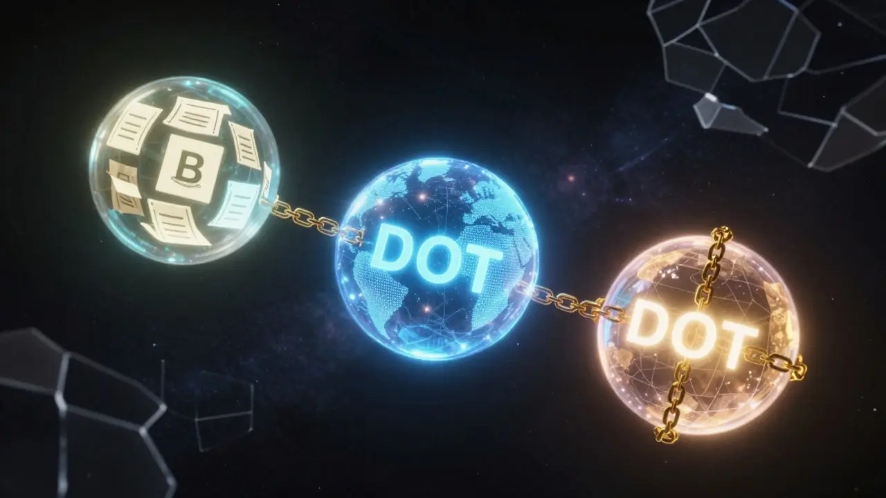 Three glowing orbs representing DOT token functions: governance, staking, and bonding, floating in a cosmic space with fragmented blockchains uniting.