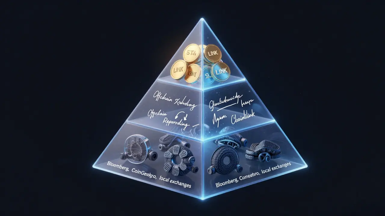 Three-layer security model of Chainlink with nodes, cryptography, and staked tokens