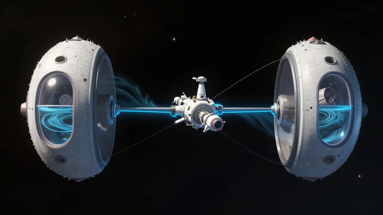 Two spinning habitat pods connected to a stationary central hub in space, with a docked spacecraft nearby.