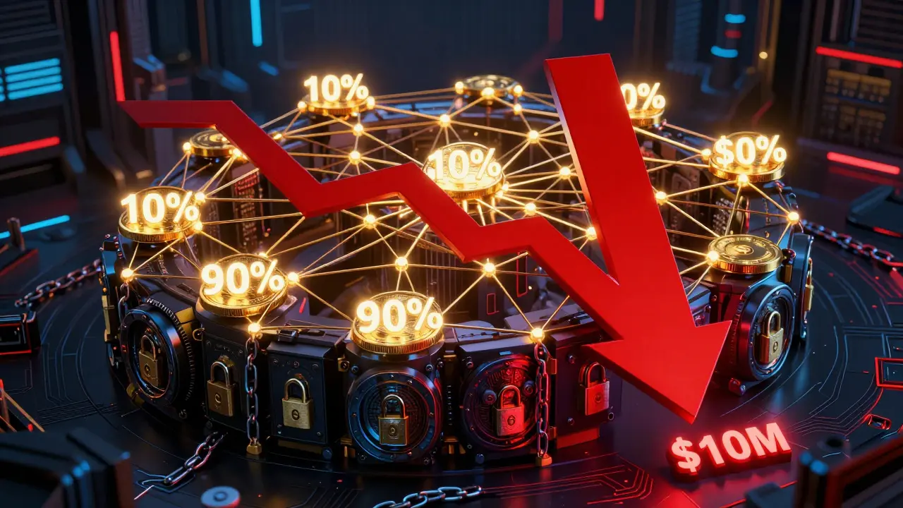 A blockchain network with glowing circulating tokens above dark locked vaults, price falling sharply in red.